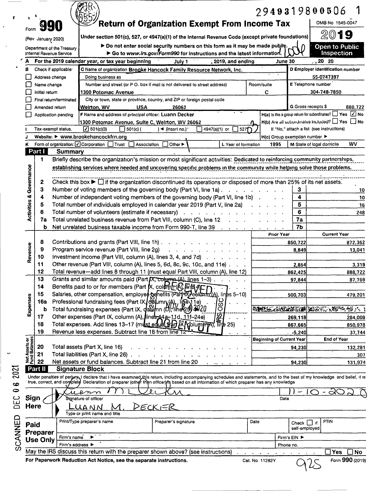 Image of first page of 2019 Form 990 for Brooke Hancock Family Resource Network