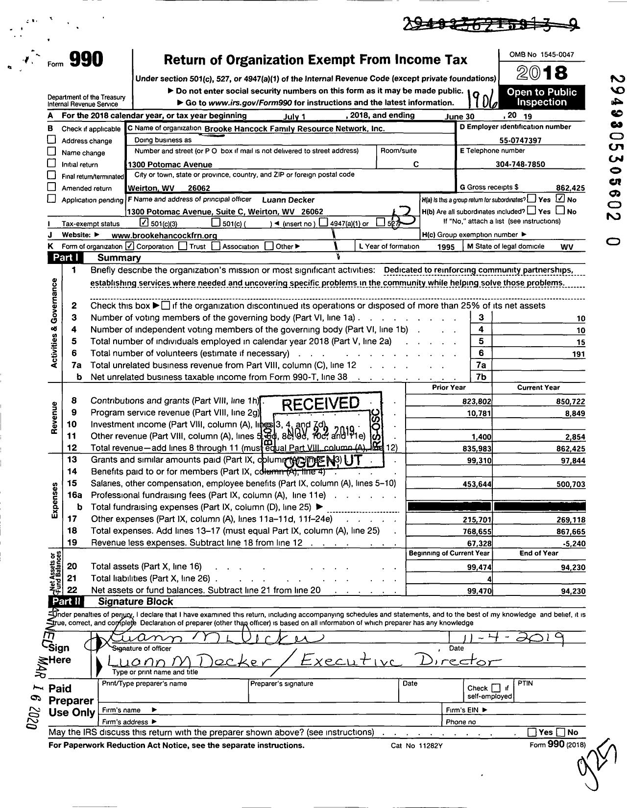 Image of first page of 2018 Form 990 for Brooke Hancock Family Resource Network