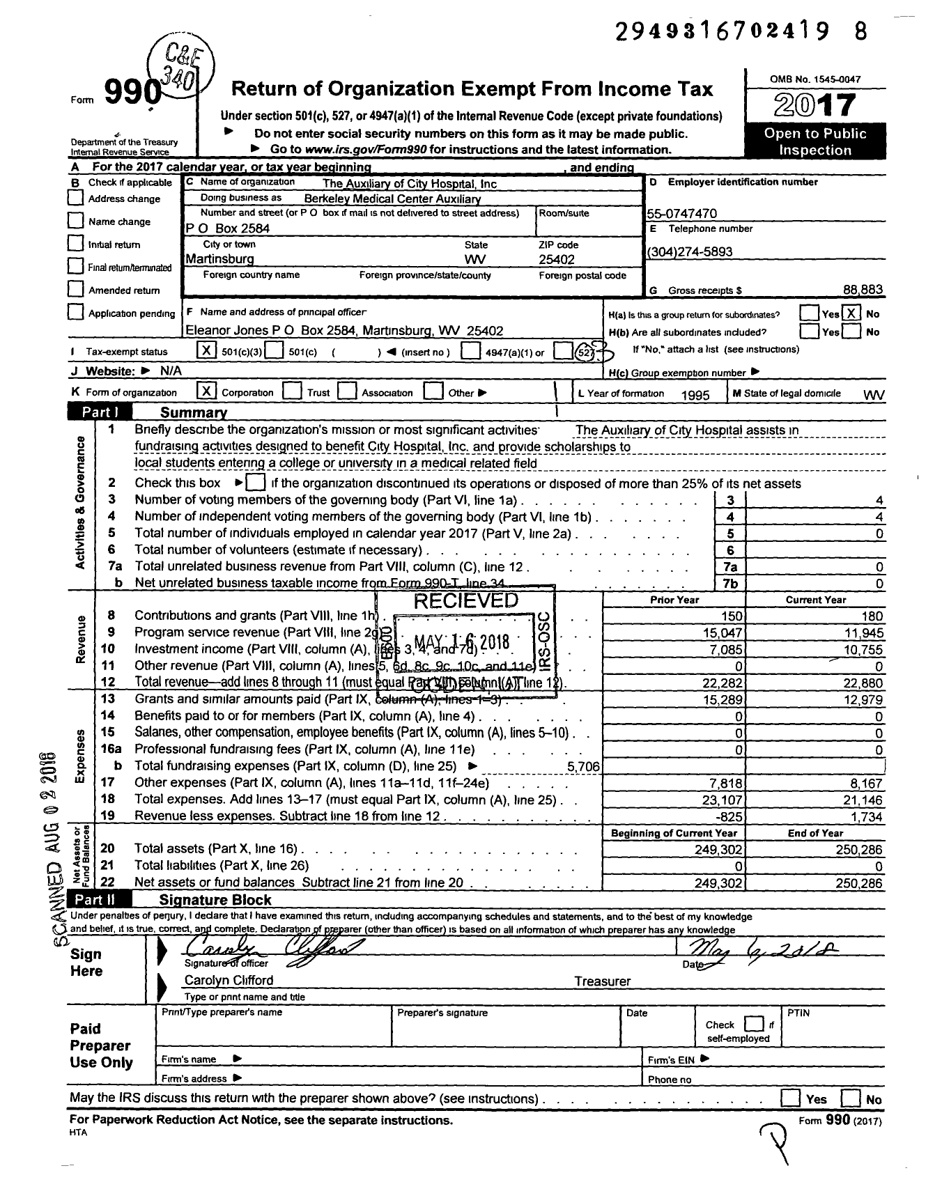 Image of first page of 2017 Form 990 for Berkeley Medical Center Auxiliary