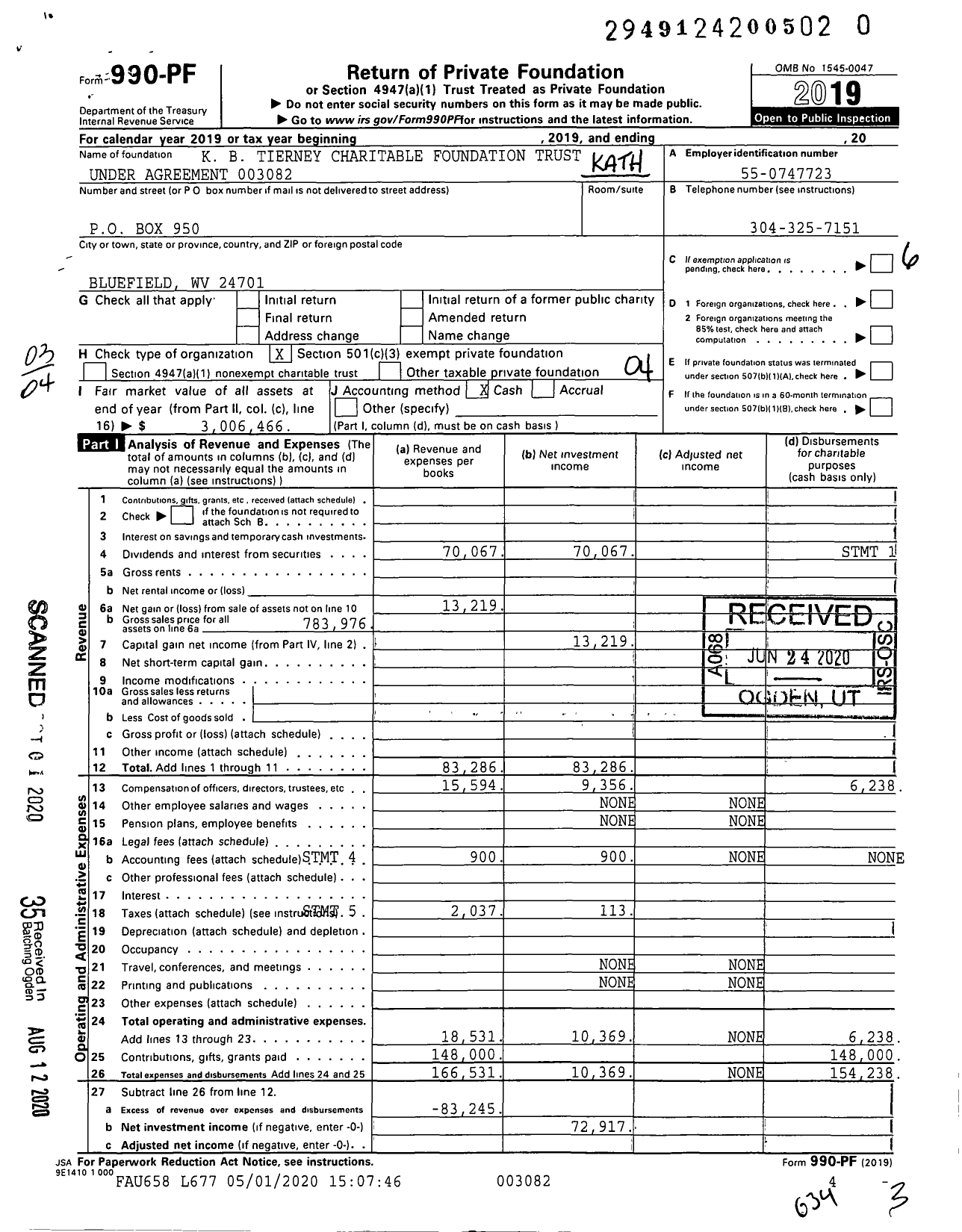 Image of first page of 2019 Form 990PR for K B Tierney Charitable Foundation Trust