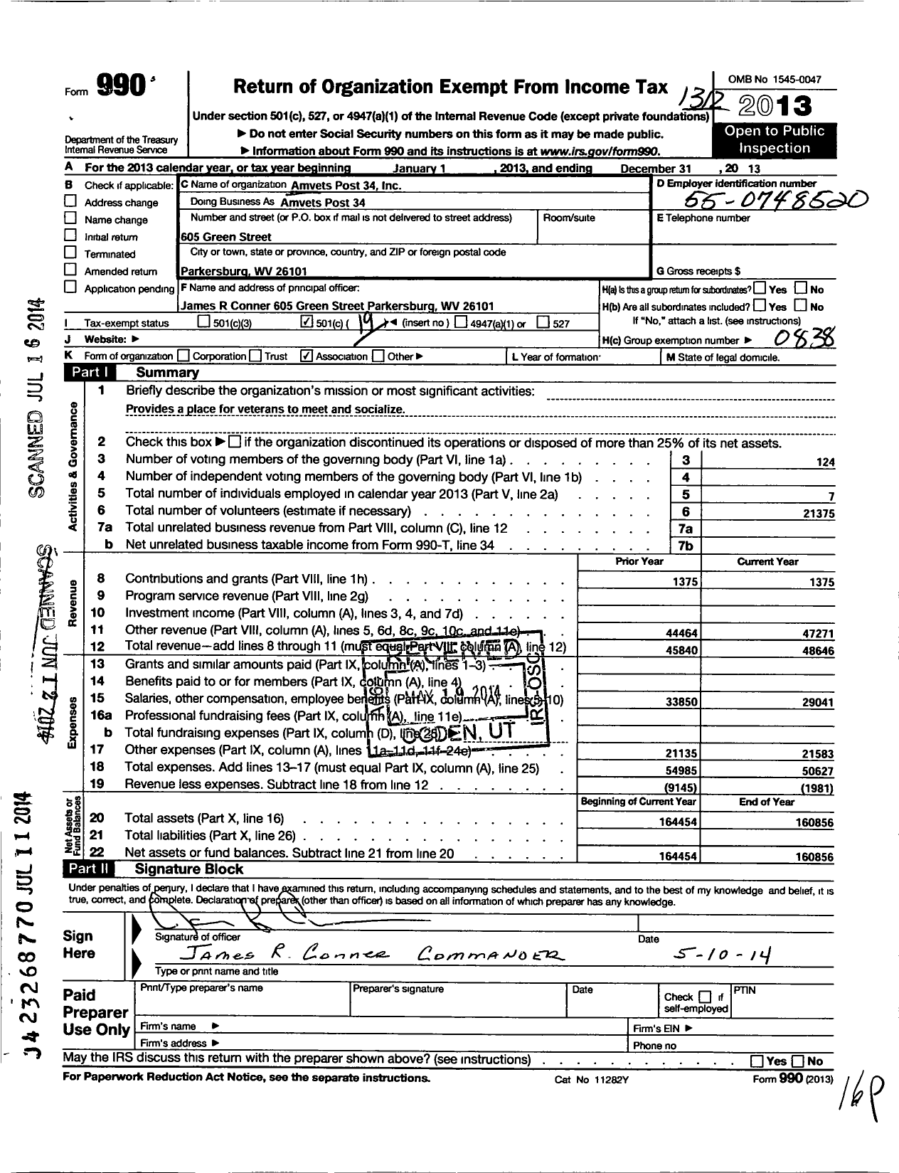 Image of first page of 2013 Form 990O for Amvets - Amvets Post 34