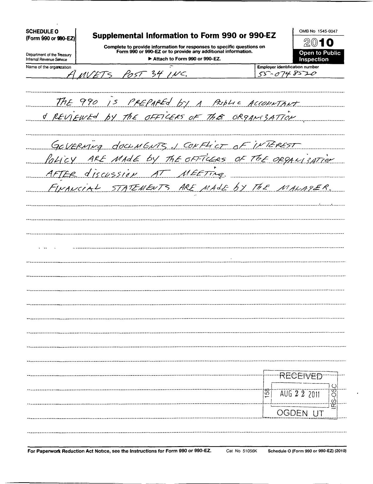 Image of first page of 2010 Form 990OR for Amvets - Amvets Post 34