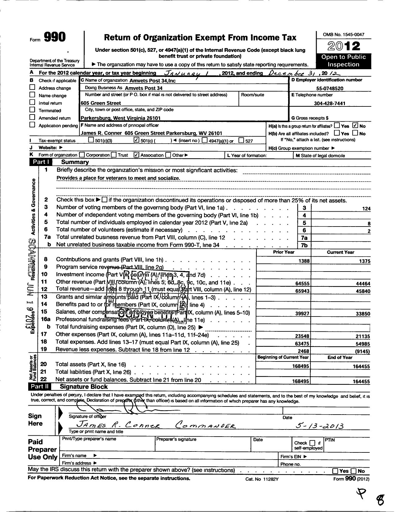 Image of first page of 2012 Form 990O for Amvets - Amvets Post 34