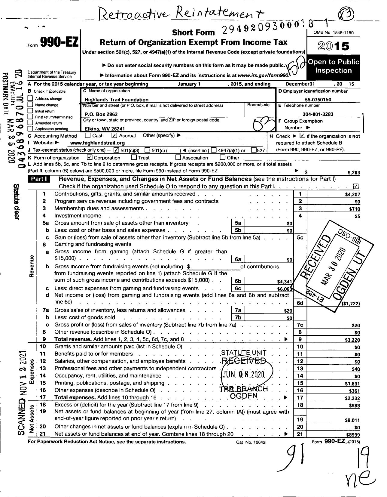 Image of first page of 2015 Form 990EZ for Highlands Trail Foundations