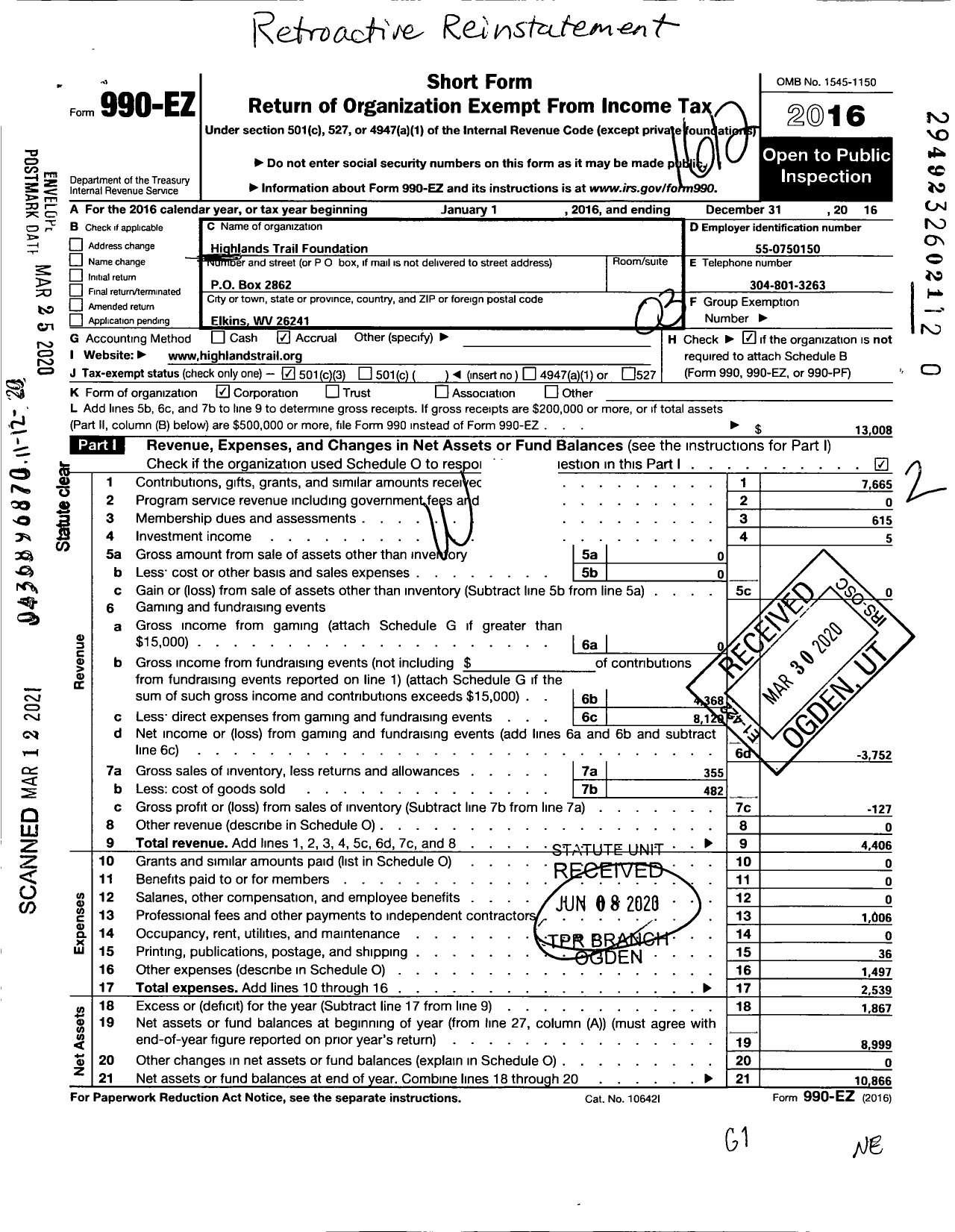 Image of first page of 2016 Form 990EZ for Highlands Trail Foundations