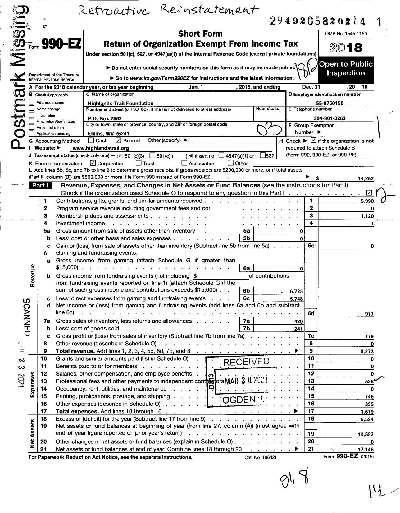 Image of first page of 2018 Form 990EZ for Highlands Trail Foundations