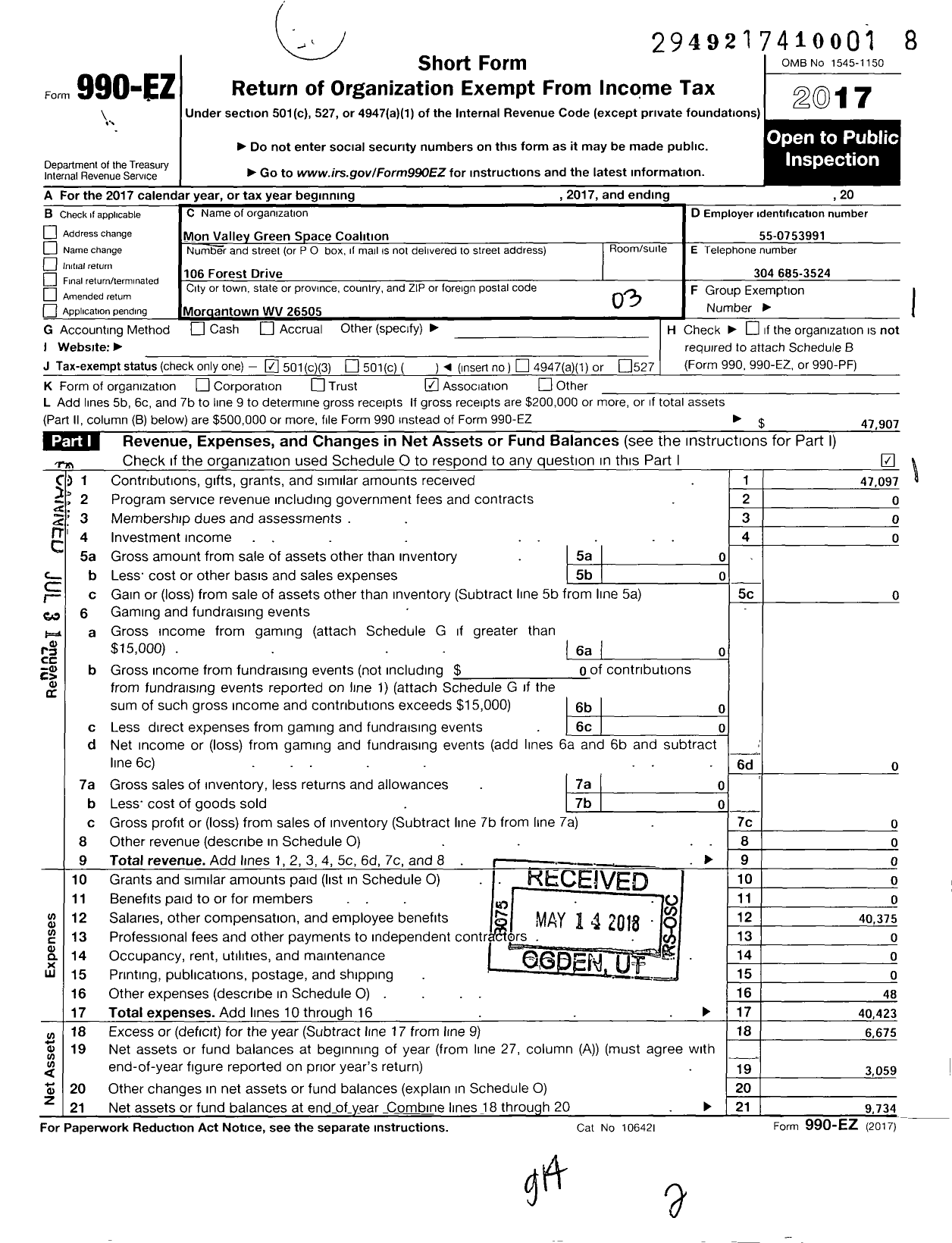 Image of first page of 2017 Form 990EZ for Mon Valley Green Space Coalition