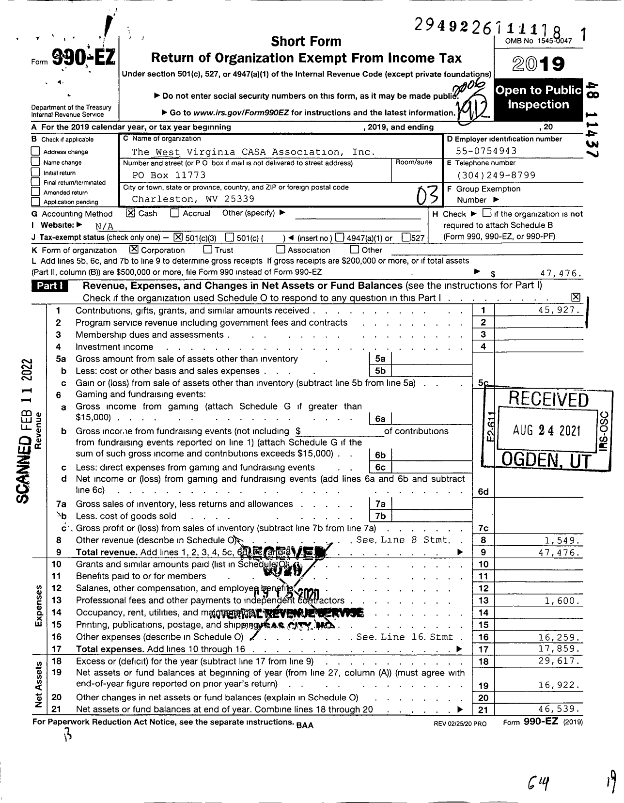 Image of first page of 2019 Form 990EZ for The West Virginia Casa Association