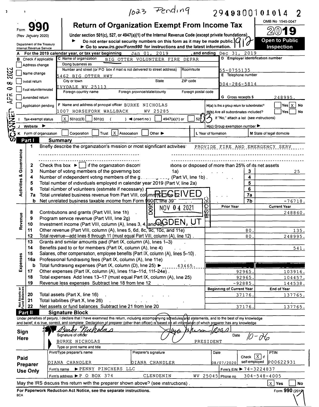 Image of first page of 2019 Form 990 for Big Otter Volunteer Fire Depar