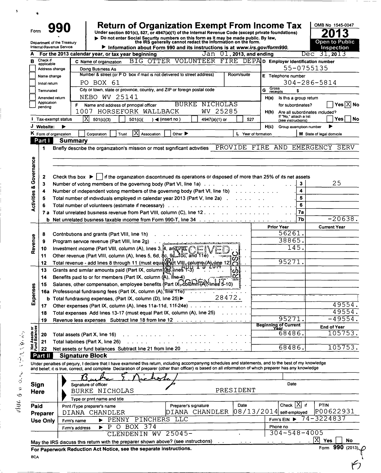 Image of first page of 2013 Form 990 for Big Otter Volunteer Fire Depar