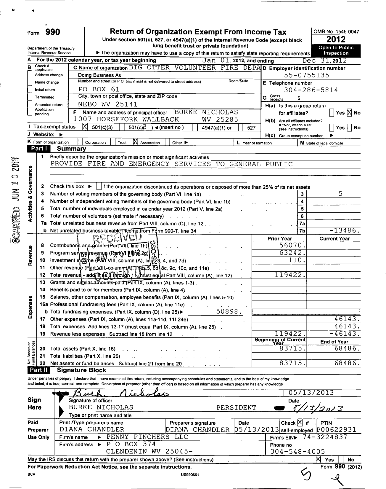 Image of first page of 2012 Form 990 for Big Otter Volunteer Fire Depar