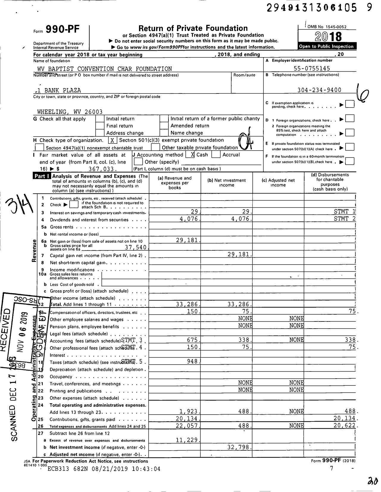 Image of first page of 2018 Form 990PF for WV Baptist Convention Char Foundation