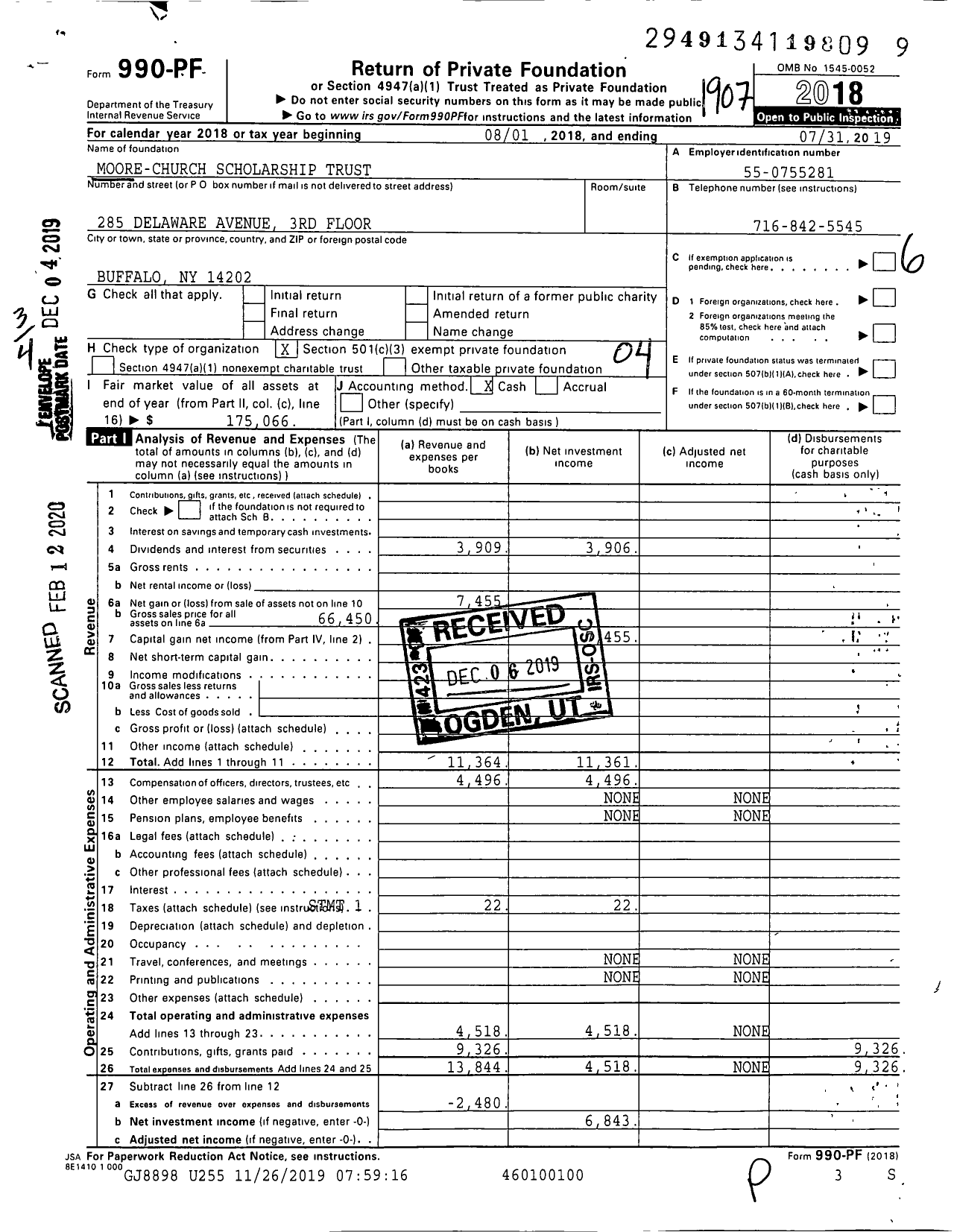 Image of first page of 2018 Form 990PF for Moore-Church Scholarship Trust