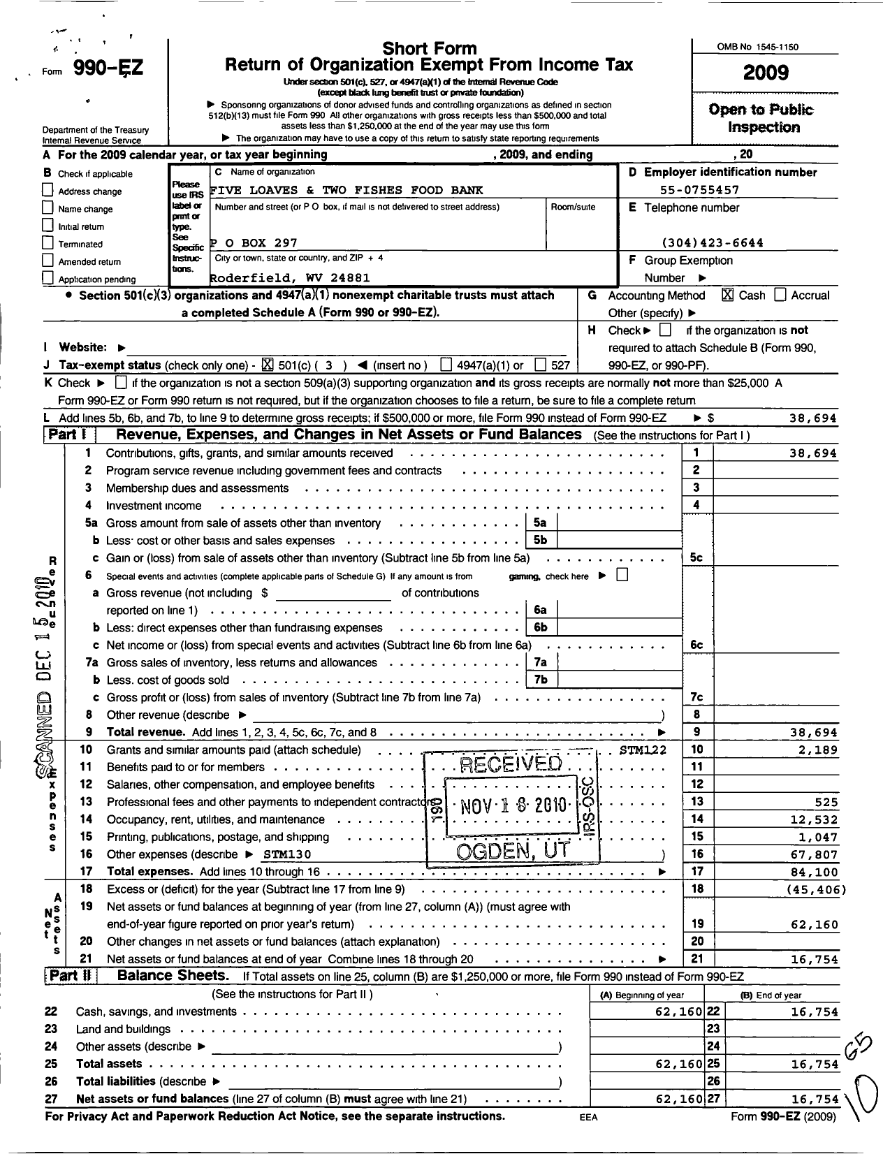 Image of first page of 2009 Form 990EZ for Five Loaves and Two Fishes Food Bank