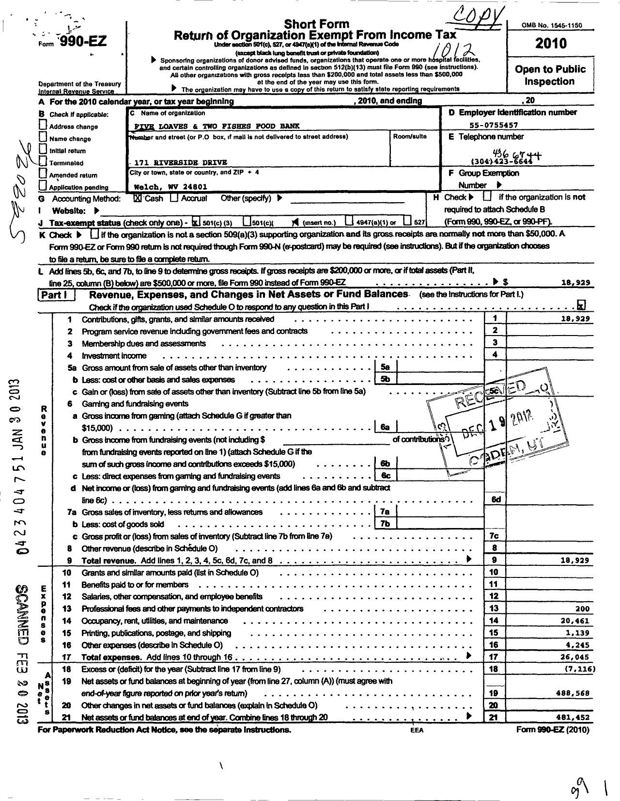 Image of first page of 2010 Form 990EZ for Five Loaves and Two Fishes Food Bank