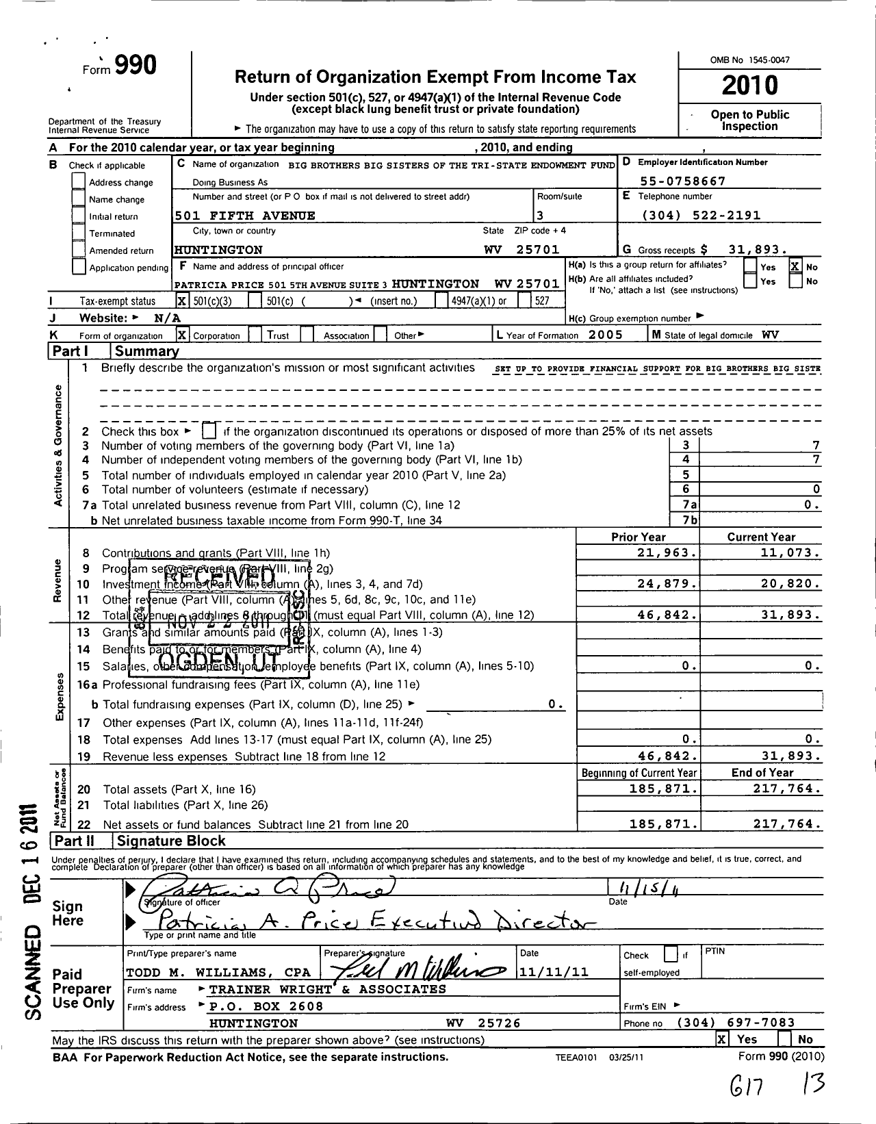 Image of first page of 2010 Form 990 for Big Brothers Big Sisters of the Tri-State Endowment Fund