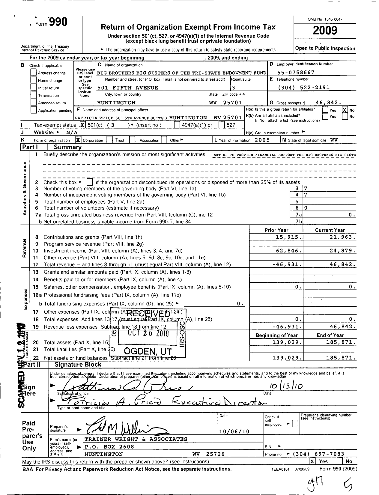 Image of first page of 2009 Form 990 for Big Brothers Big Sisters of the Tri-State Endowment Fund