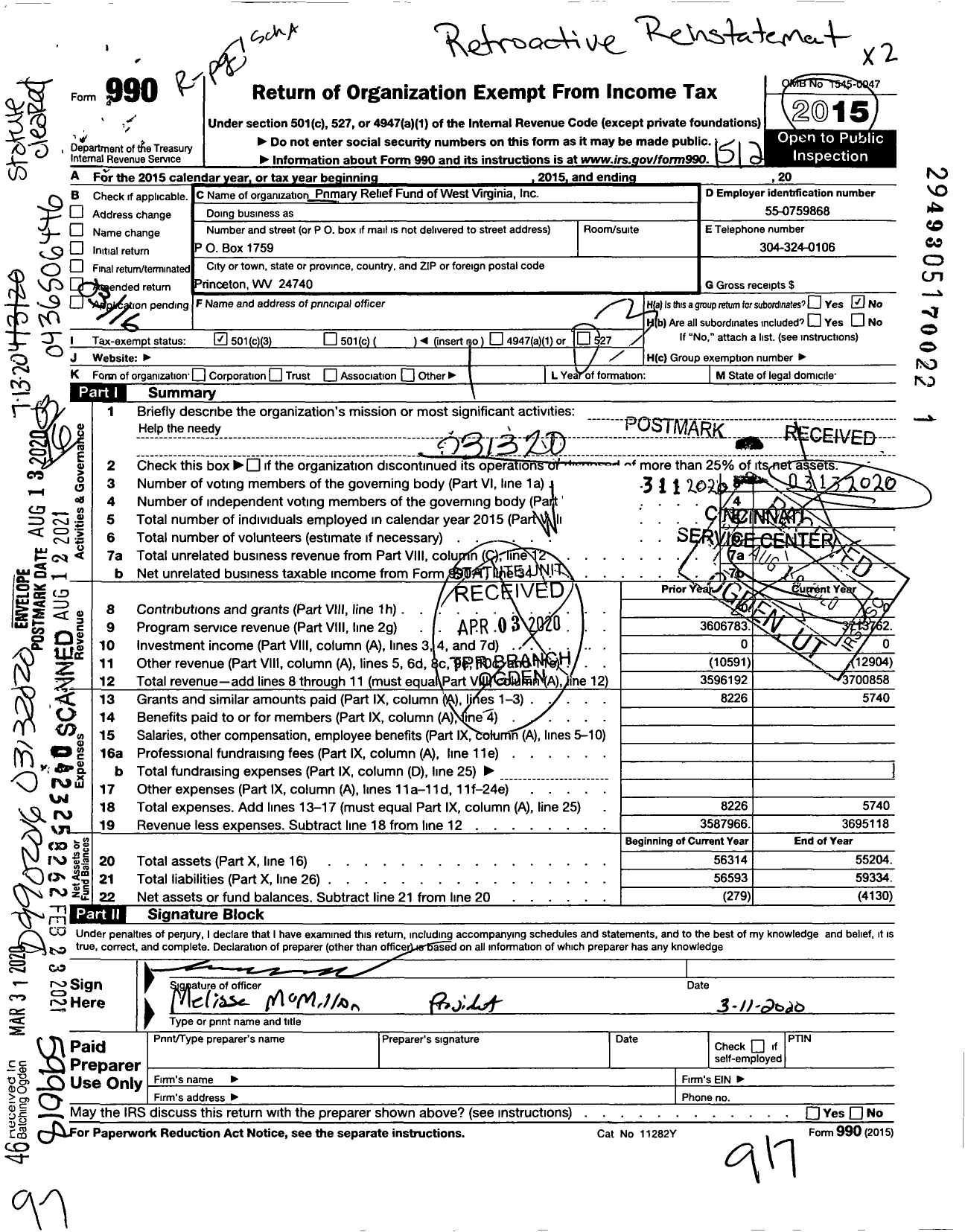 Image of first page of 2015 Form 990 for Primary Relief Fund of West Virginia