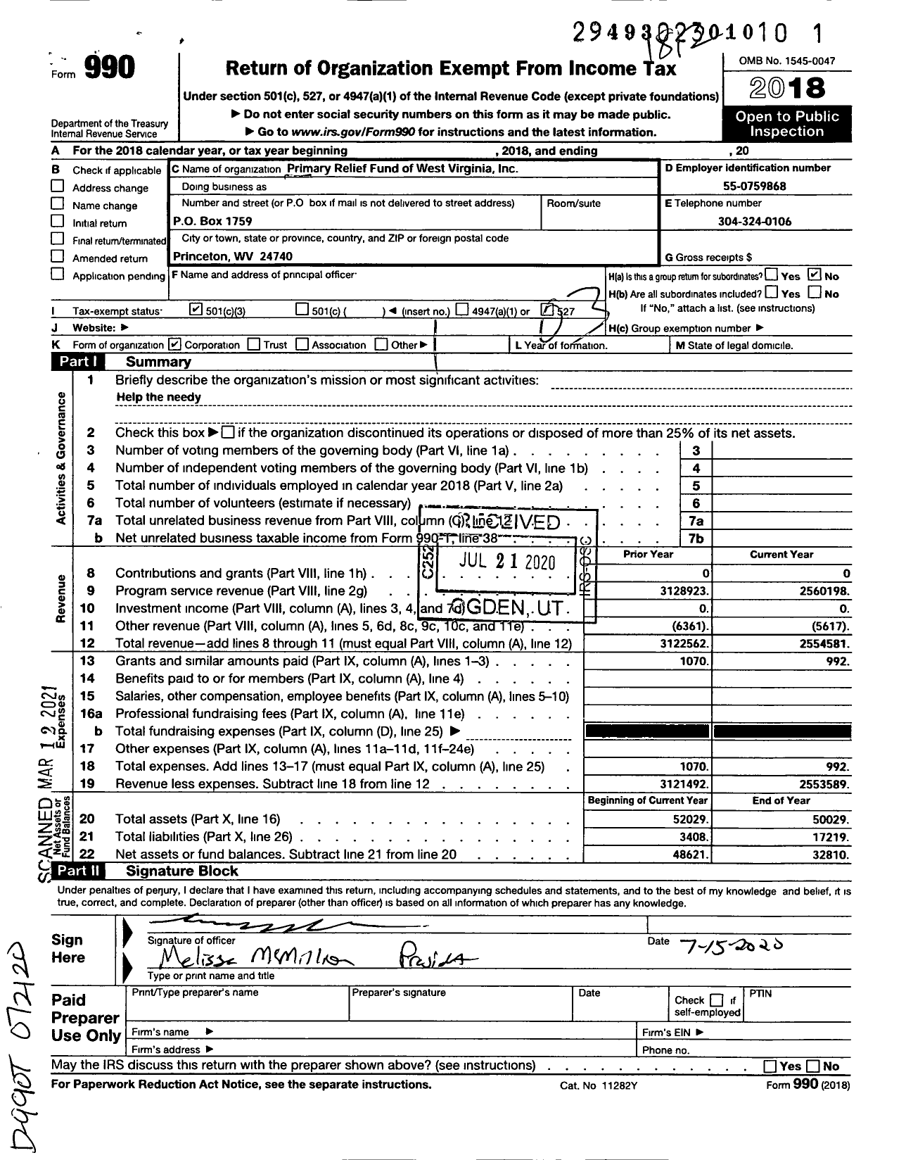 Image of first page of 2018 Form 990 for Primary Relief Fund of West Virginia