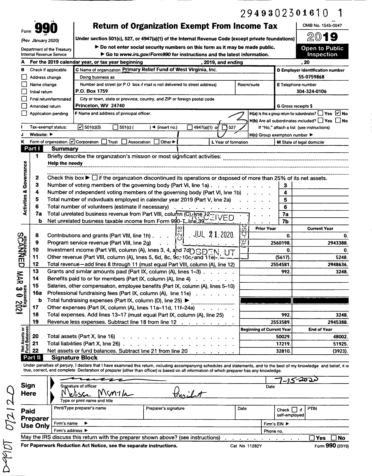 Image of first page of 2019 Form 990 for Primary Relief Fund of West Virginia