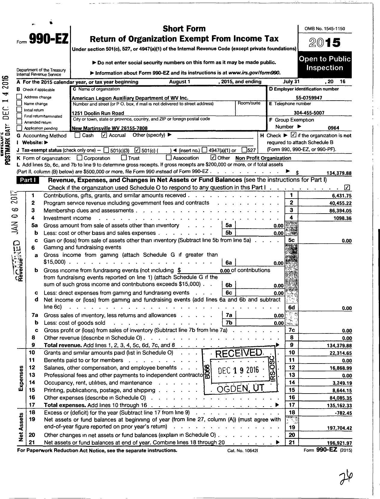 Image of first page of 2015 Form 990EO for American Legion Auxiliary - Dept of WV