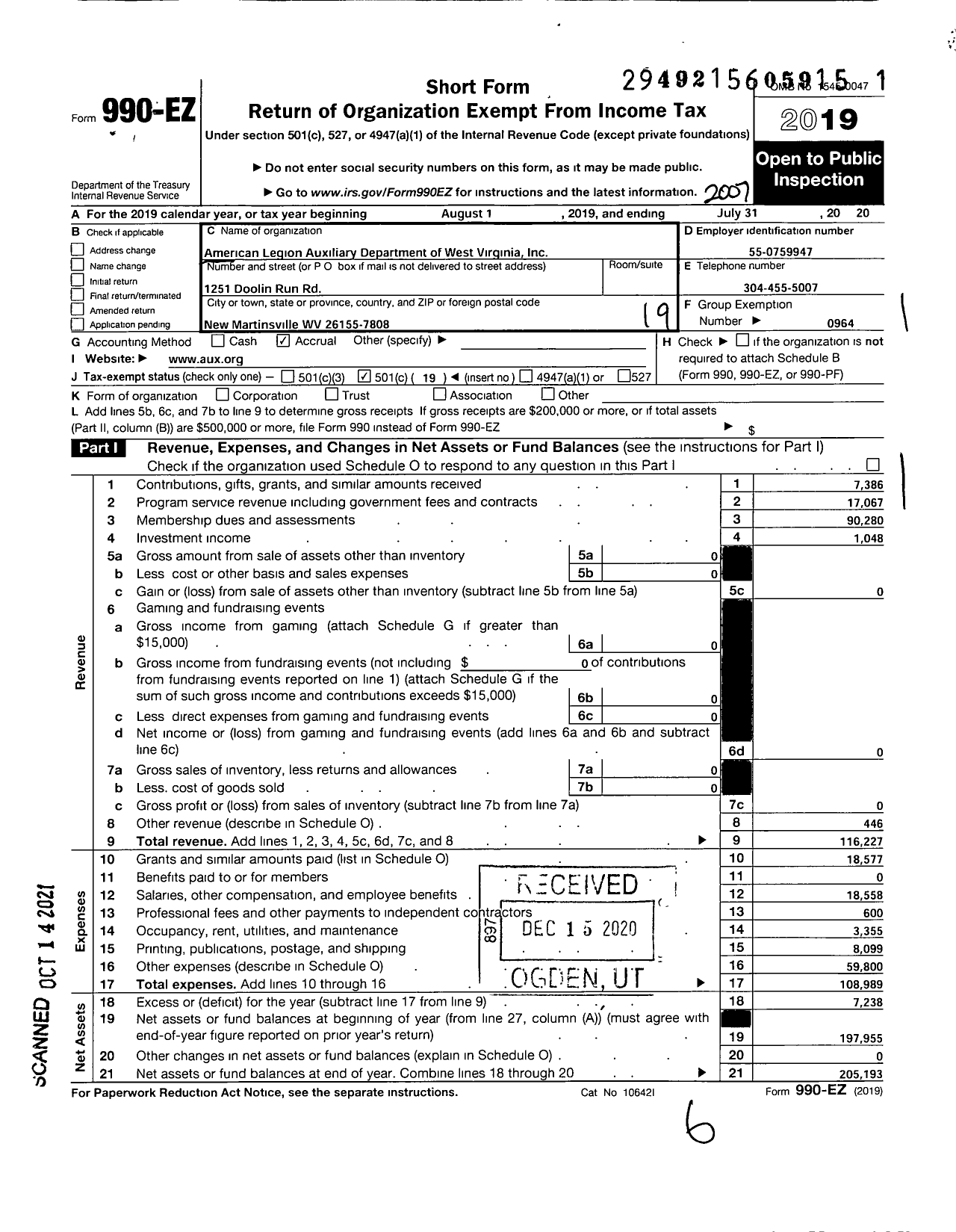 Image of first page of 2019 Form 990EO for American Legion Auxiliary - Dept of WV