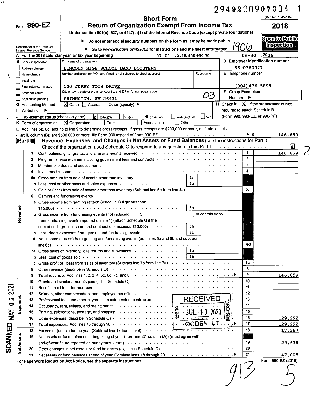 Image of first page of 2018 Form 990EZ for Lincoln High School Band Boosters