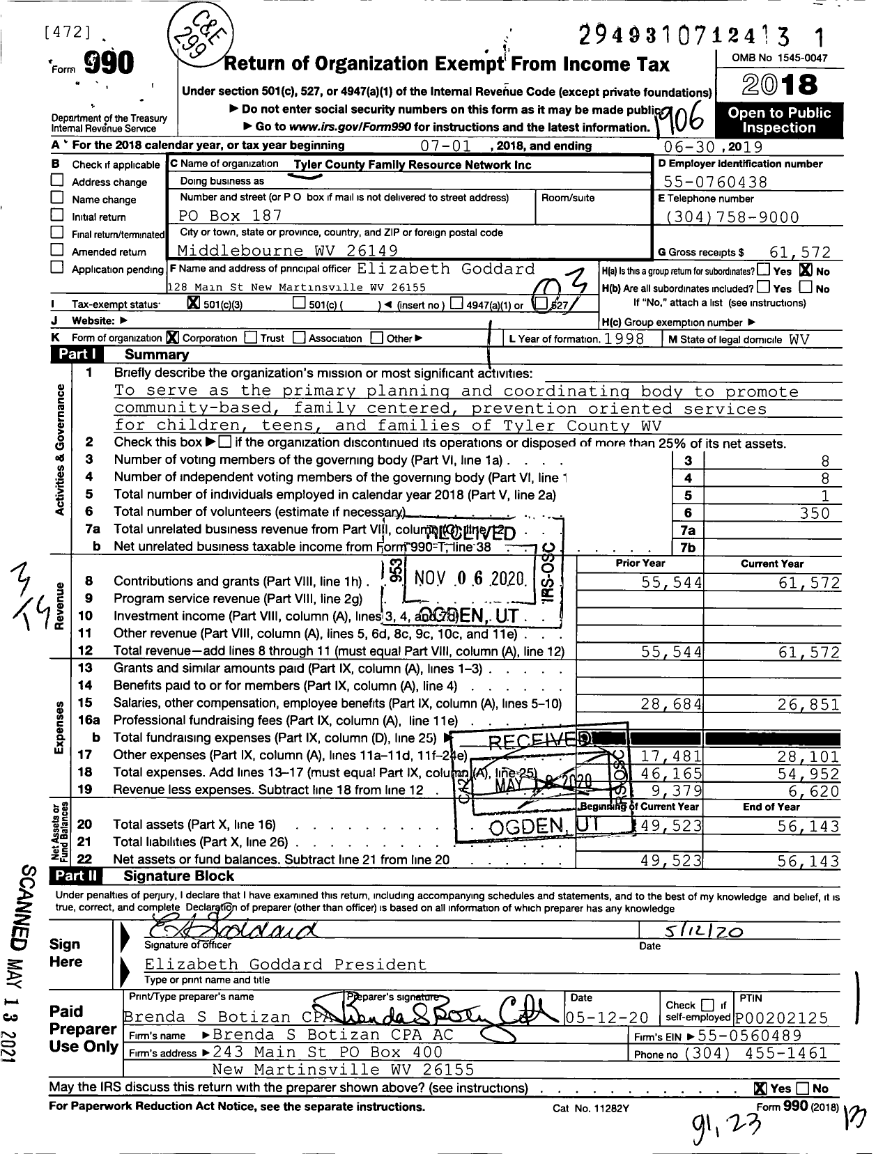 Image of first page of 2018 Form 990 for Tyler County Family Resource Network