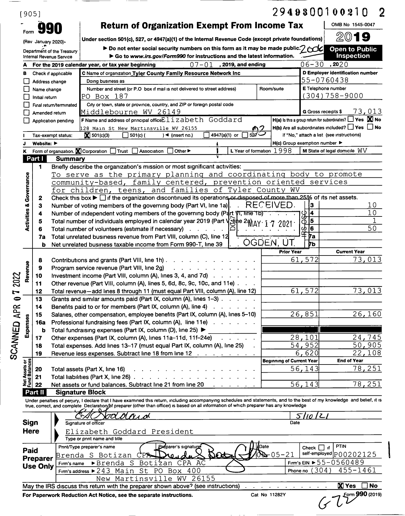 Image of first page of 2019 Form 990 for Tyler County Family Resource Network