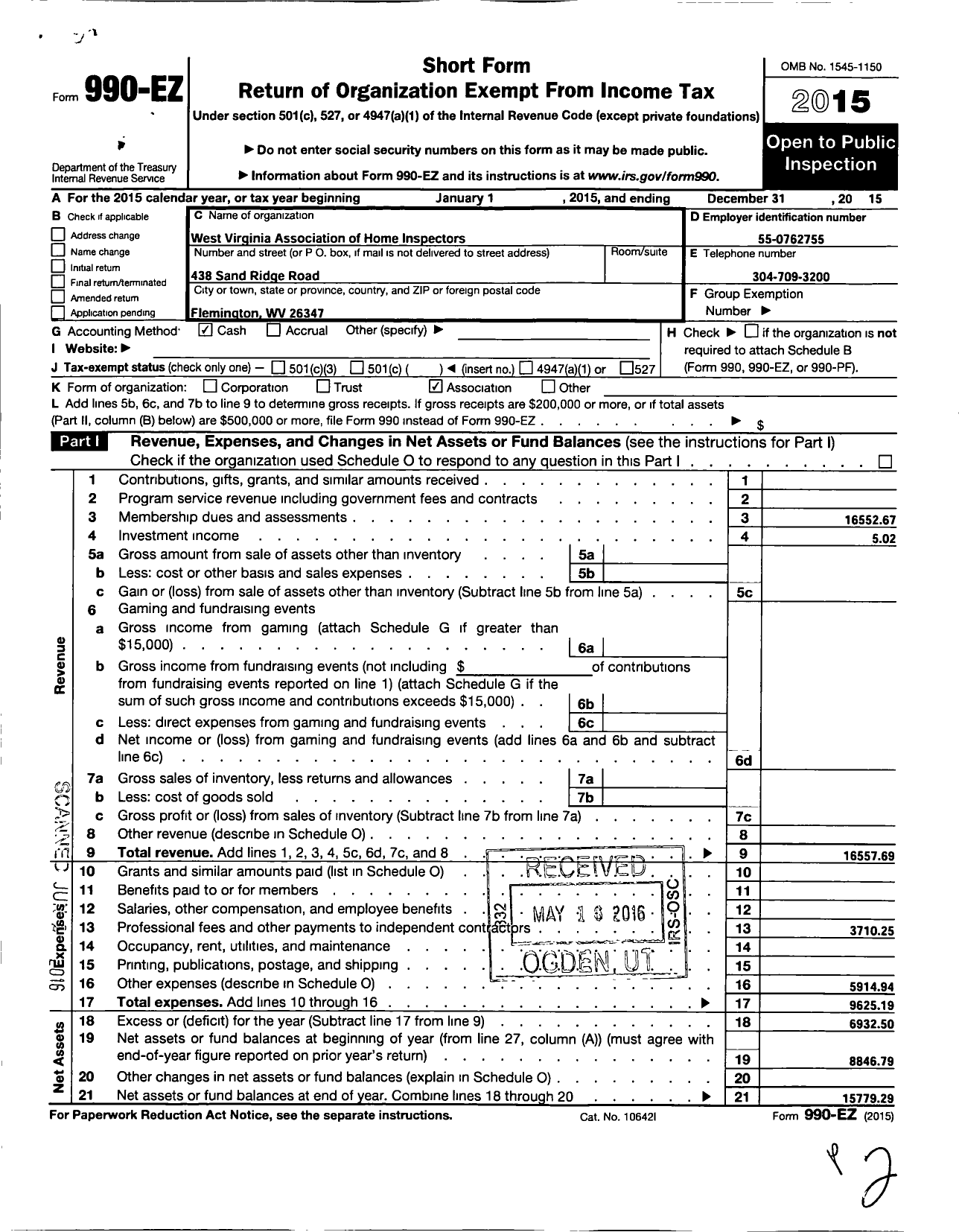 Image of first page of 2015 Form 990EO for West Virgina Association of Home Inspectors