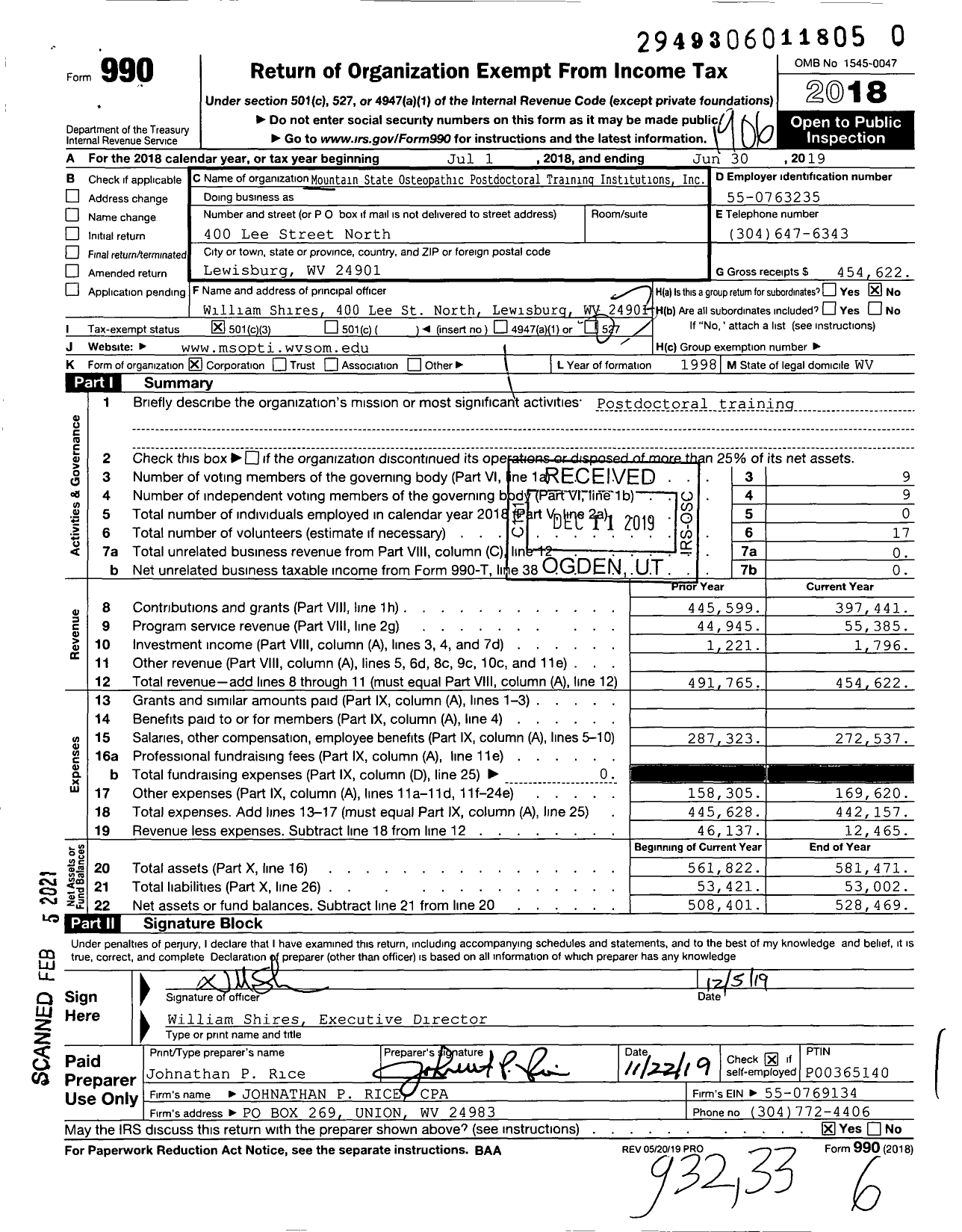 Image of first page of 2018 Form 990 for Mountain State Osteopathic Postdoctoral Training Institutions (MSOPTI)