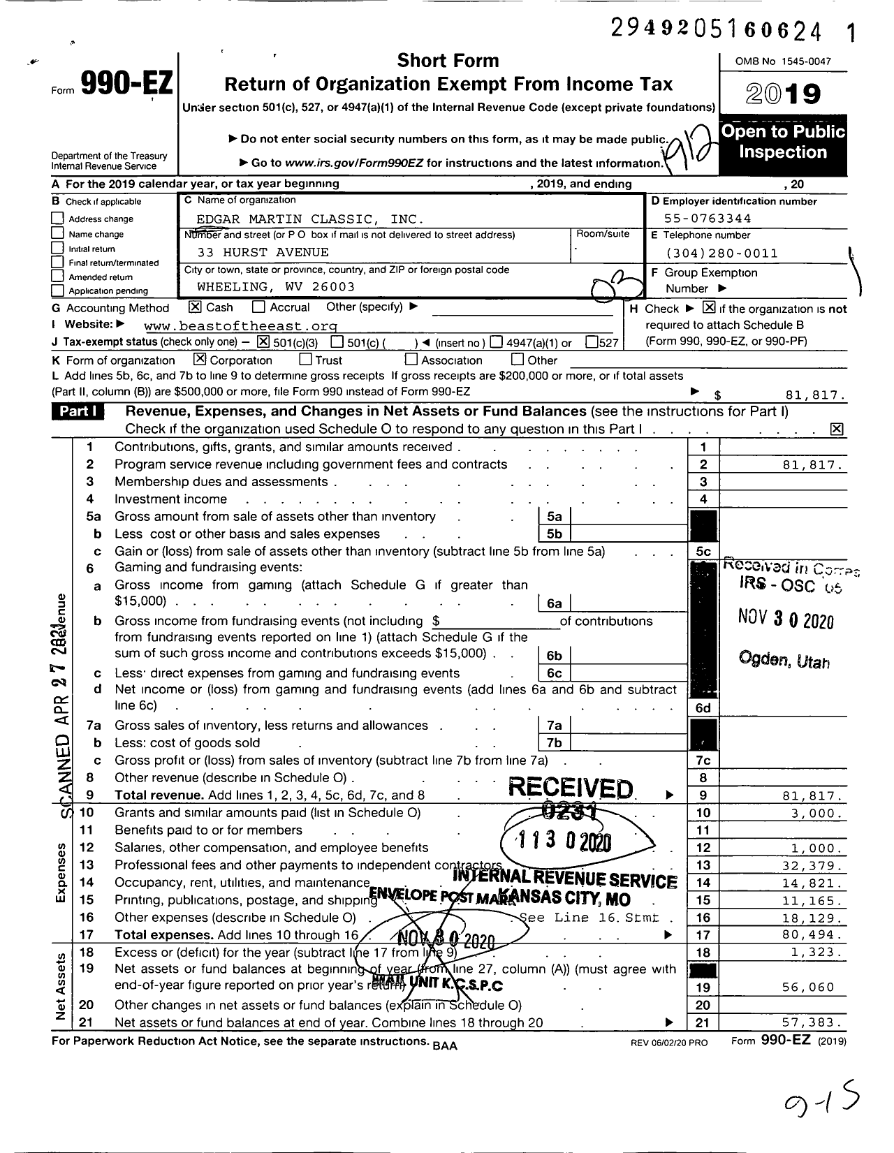 Image of first page of 2019 Form 990EZ for Edgar Martin Classic