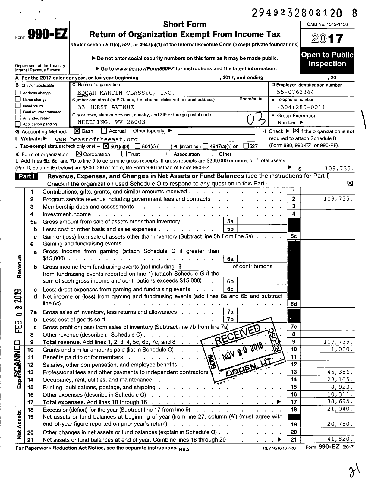 Image of first page of 2017 Form 990EZ for Edgar Martin Classic