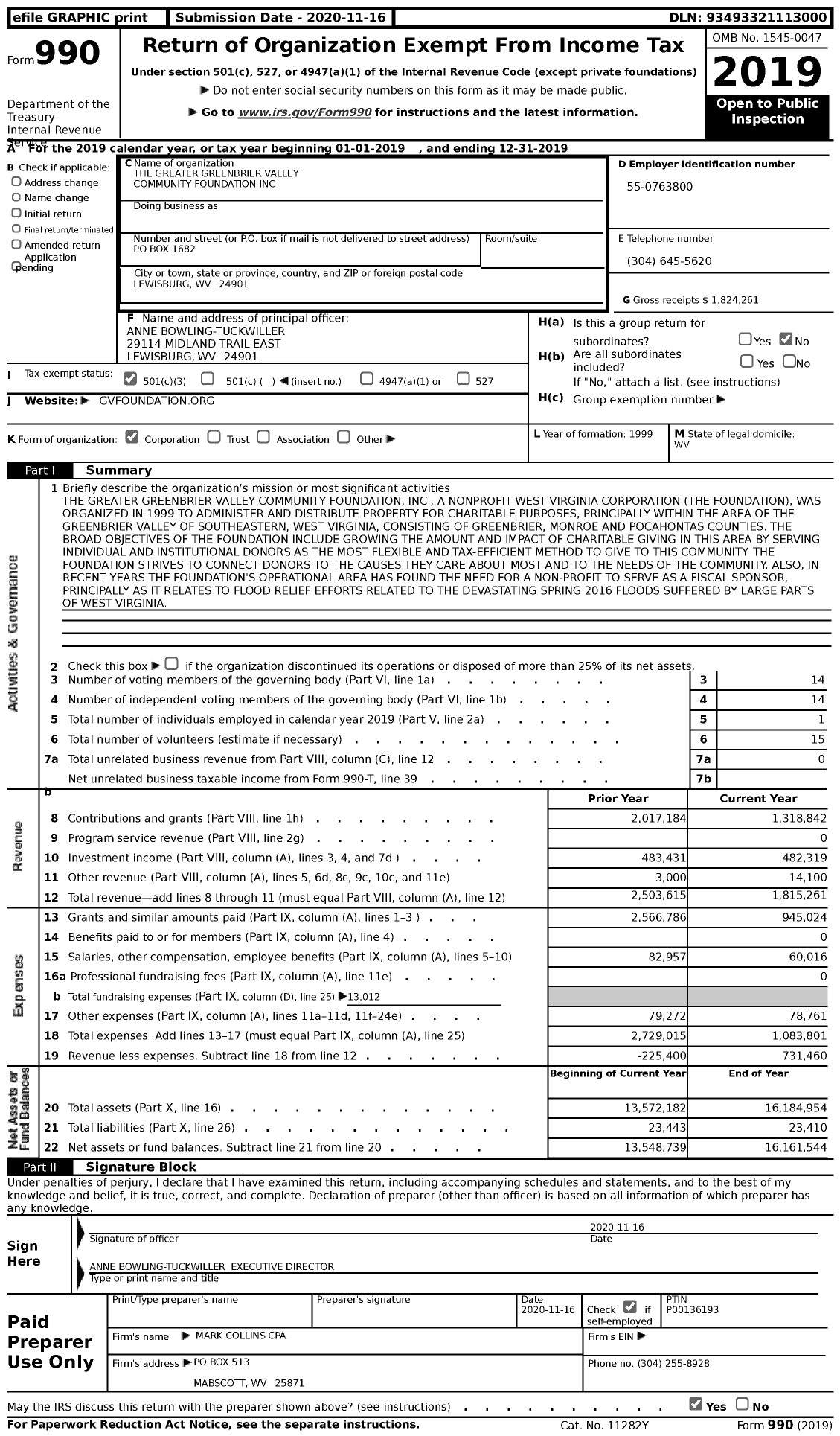 Image of first page of 2019 Form 990 for The Greater Greenbrier Valley Community Foundation