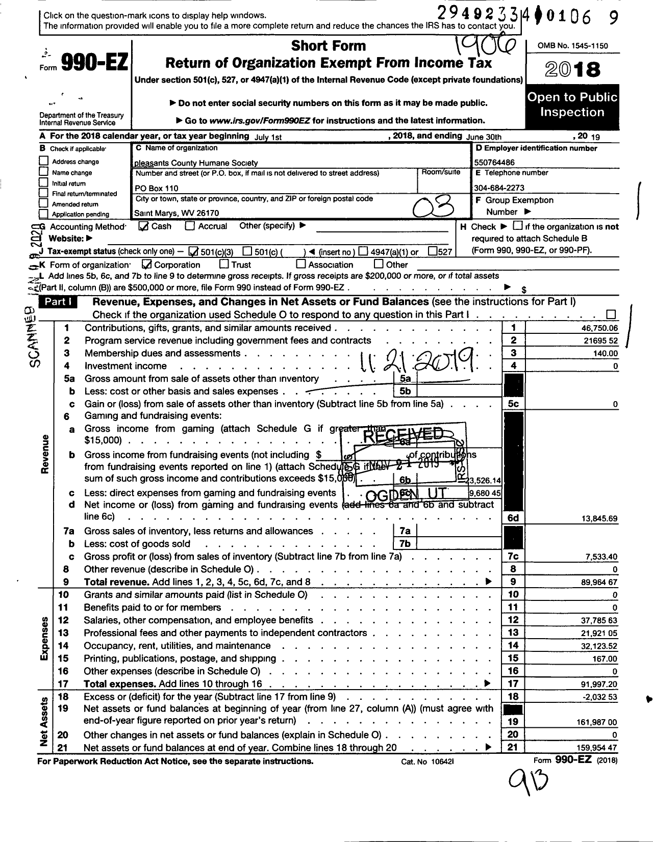 Image of first page of 2018 Form 990EZ for Pleasants County Humane Society