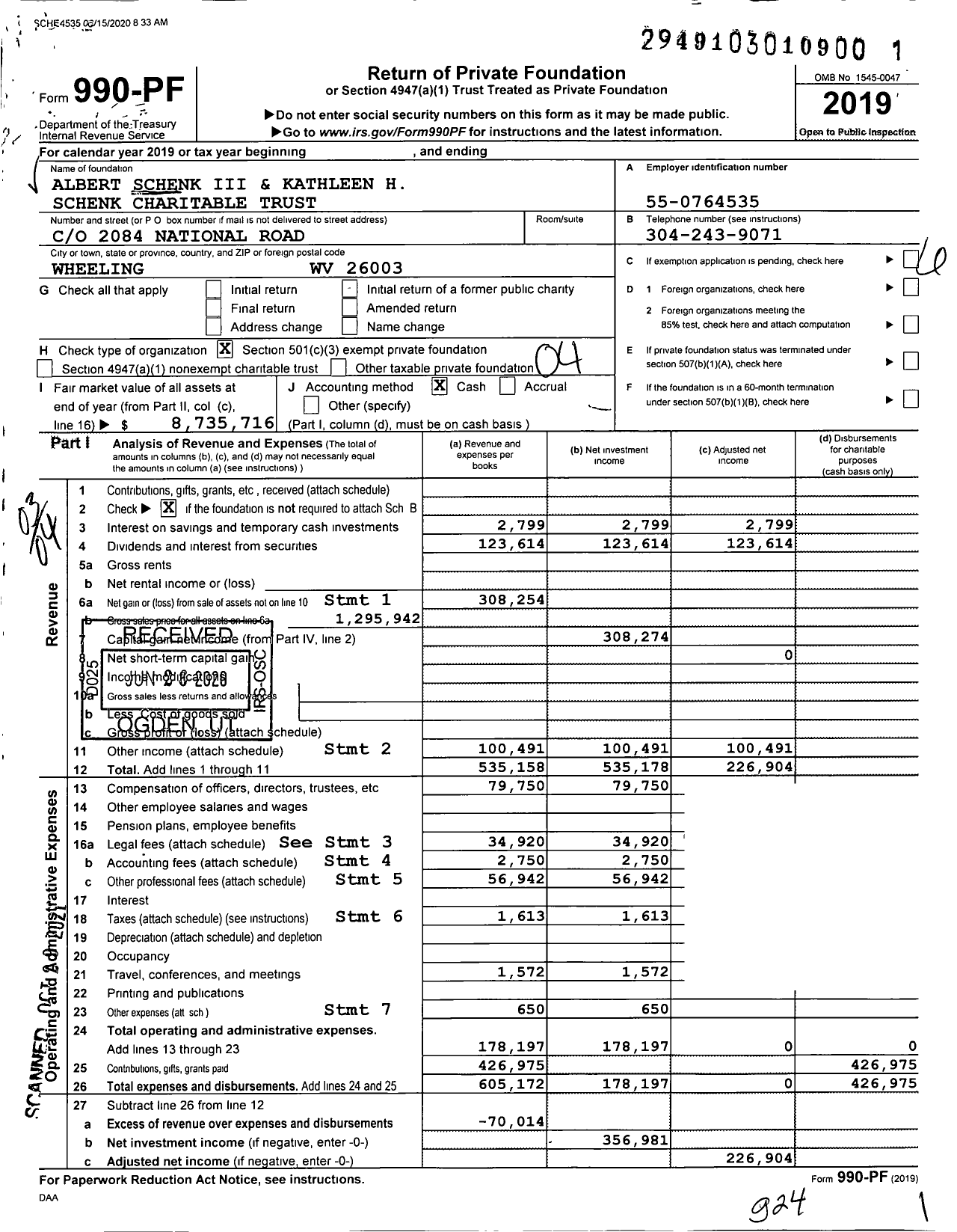 Image of first page of 2019 Form 990PF for Albert Schenk Iii and Kathleen H Schenk Charitable Trust