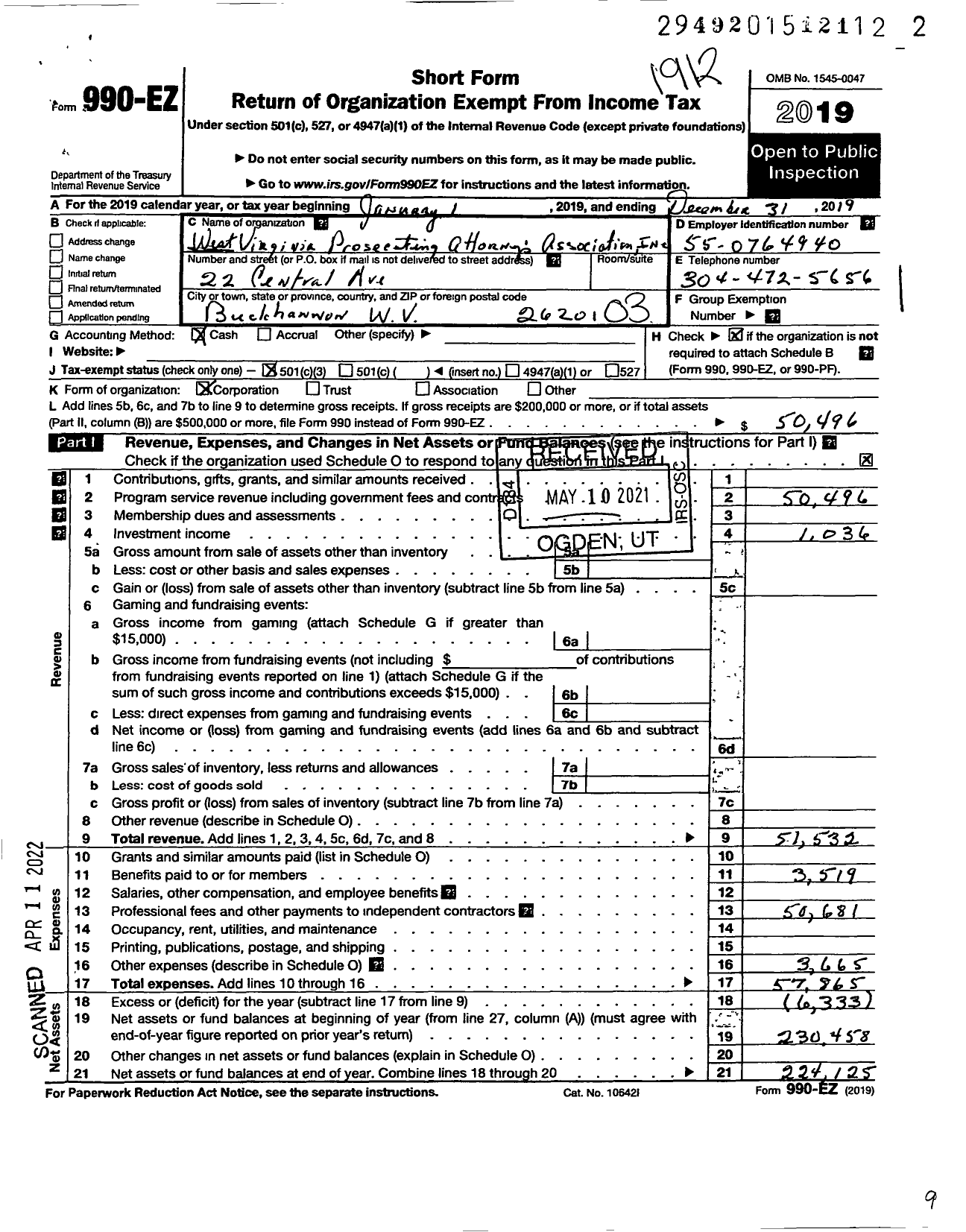 Image of first page of 2019 Form 990EZ for West Virginia Prosecuting Attorney's Association