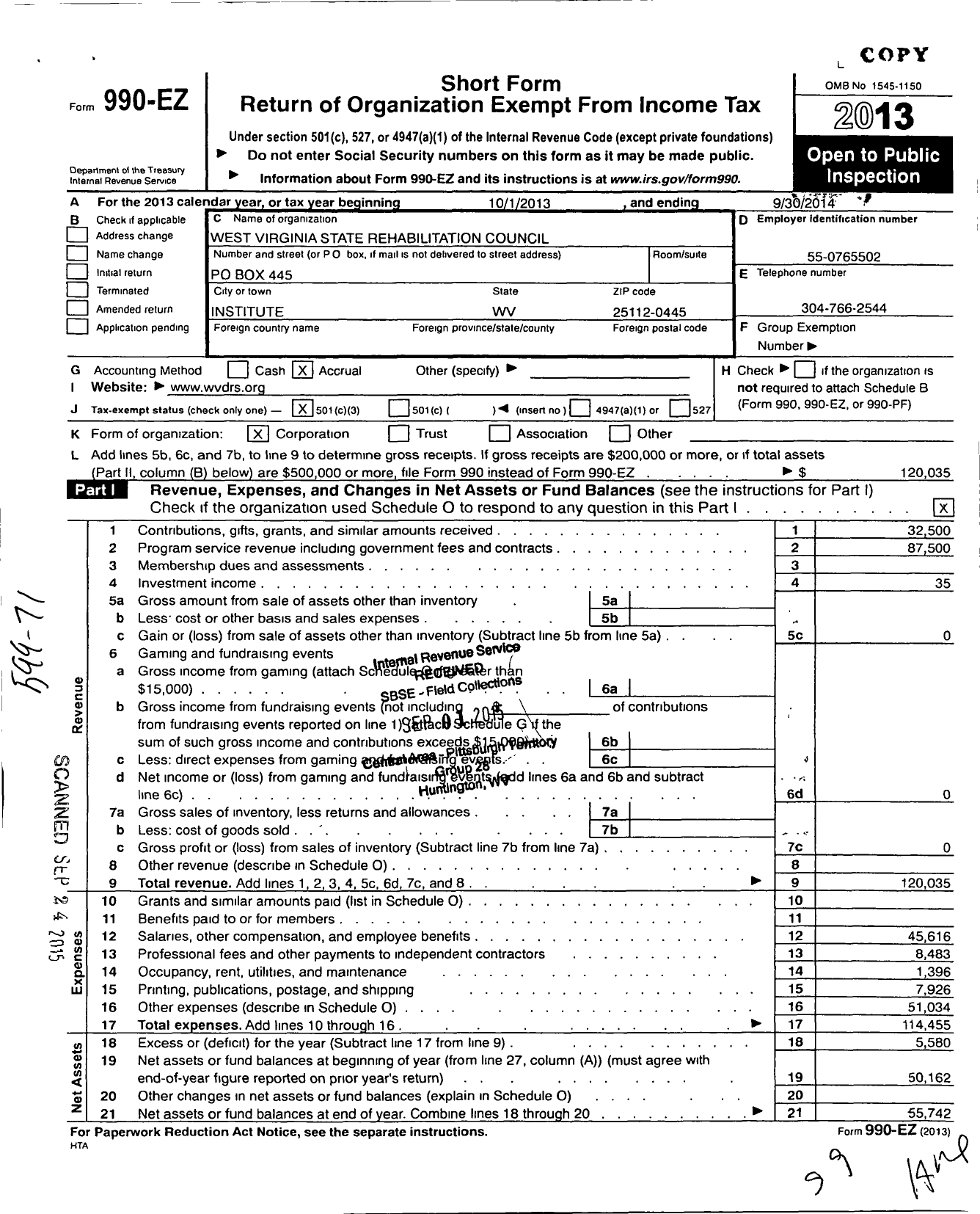 Image of first page of 2013 Form 990EZ for West Virginia State Rehabilitation Council