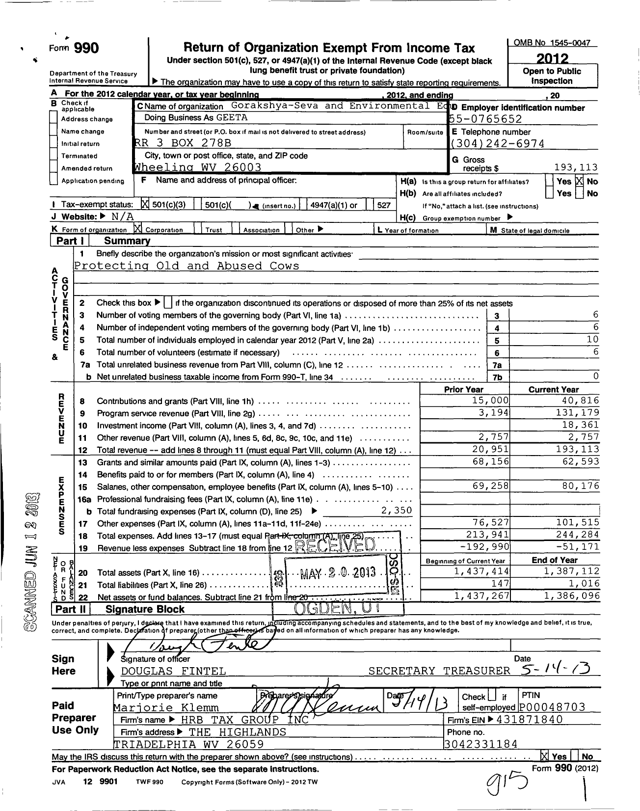 Image of first page of 2012 Form 990 for Gorakshya Seva and Environmental