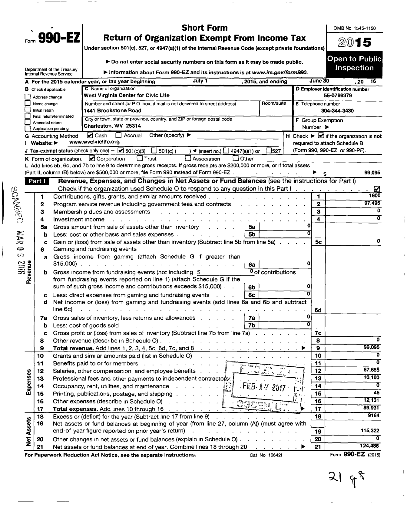 Image of first page of 2015 Form 990EZ for West Virginia Center for Civic Life