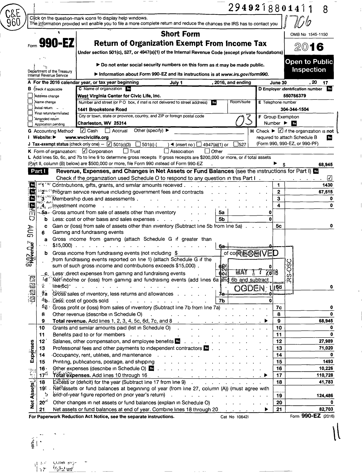 Image of first page of 2016 Form 990EZ for West Virginia Center for Civic Life
