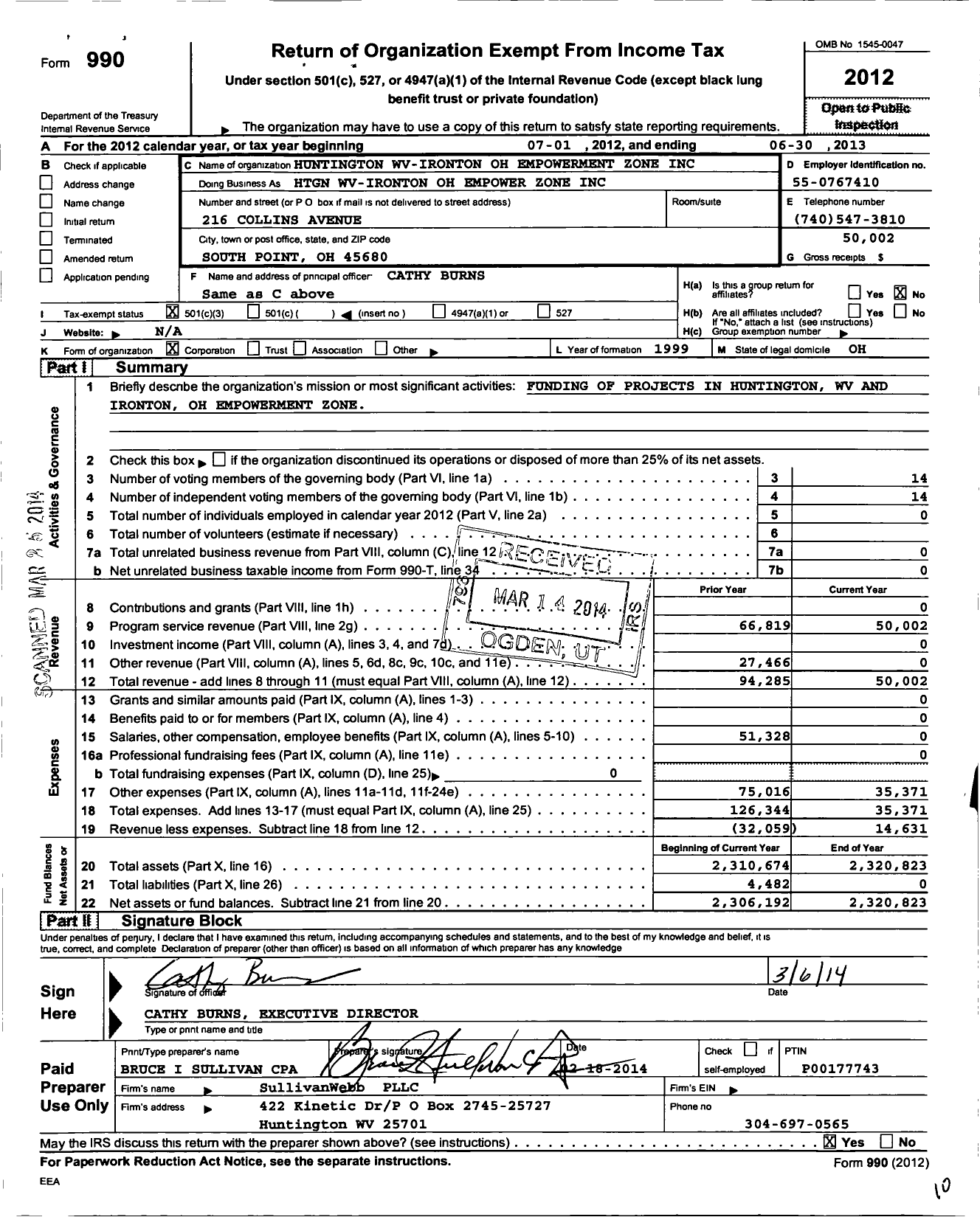 Image of first page of 2012 Form 990 for Huntington WV-Ironton OH Empowerment Zone