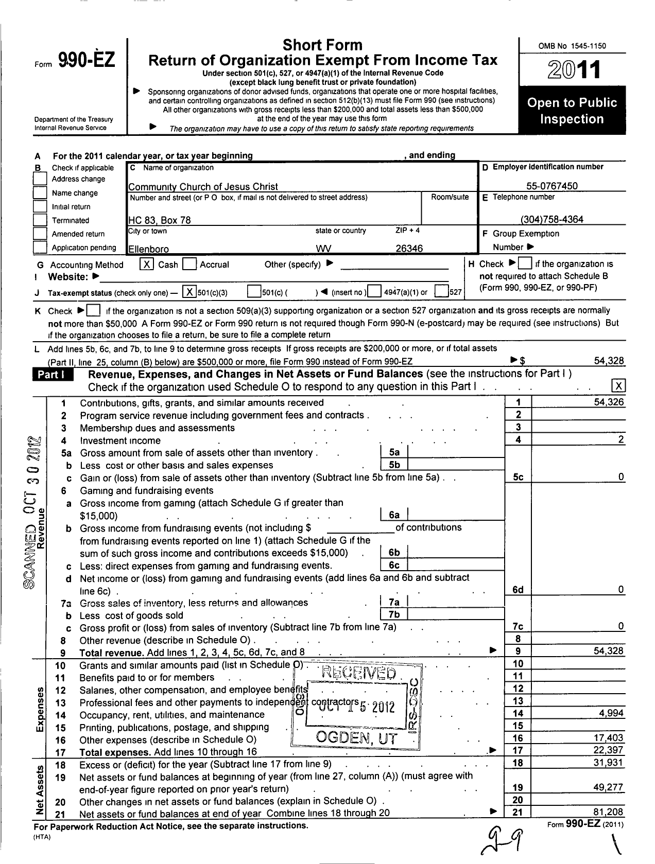 Image of first page of 2011 Form 990EZ for Community Church of Jesus Christ / Childers Tim L and Janice Ttee