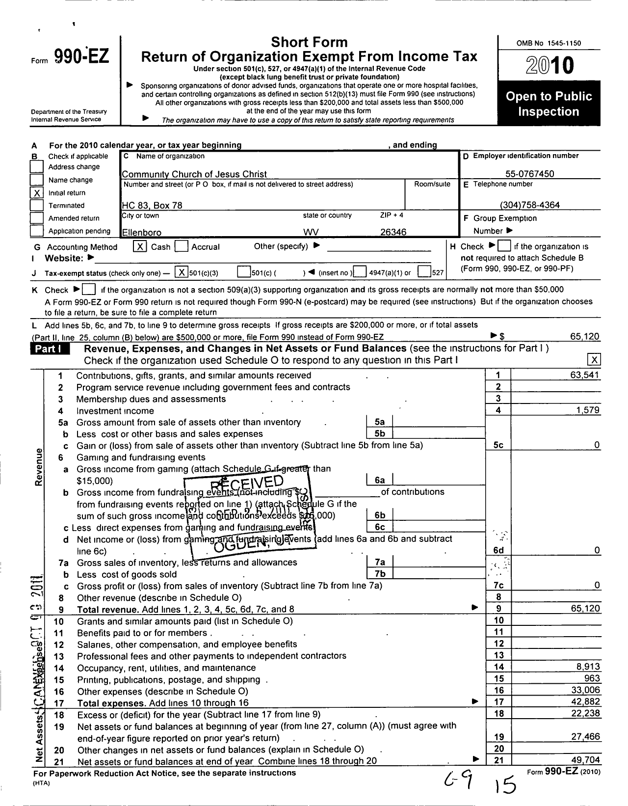 Image of first page of 2010 Form 990EZ for Community Church of Jesus Christ / Childers Tim L and Janice Ttee