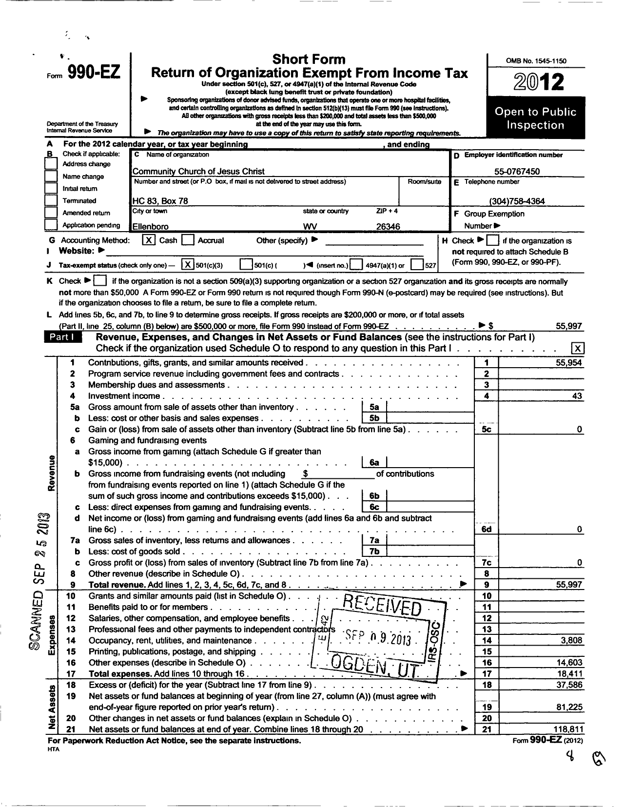 Image of first page of 2012 Form 990EZ for Community Church of Jesus Christ / Childers Tim L and Janice Ttee