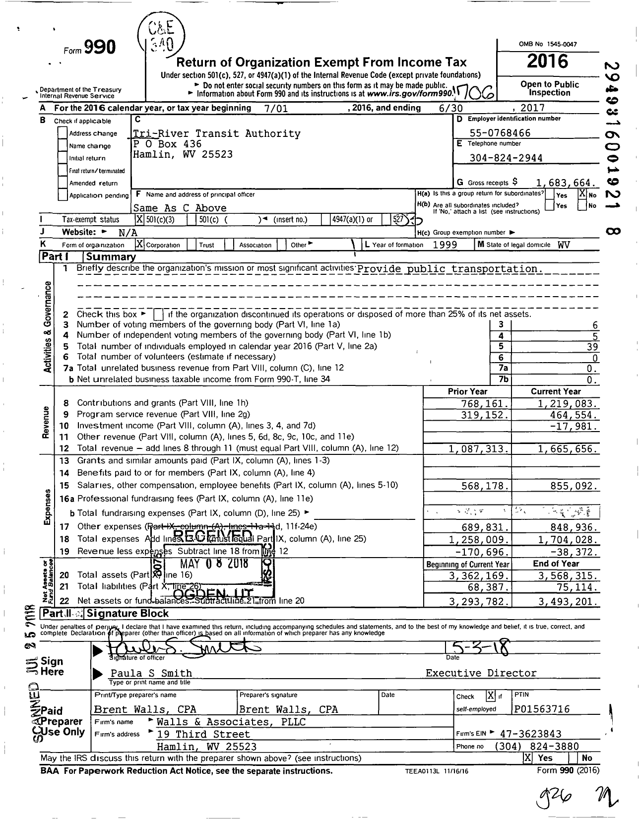 Image of first page of 2016 Form 990 for Tri River Transit Authority