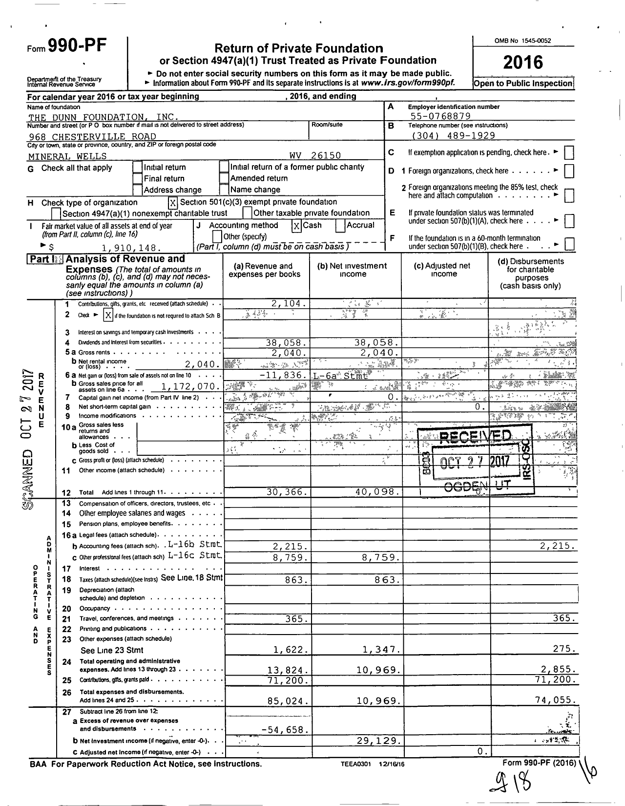 Image of first page of 2016 Form 990PF for The Dunn Foundation