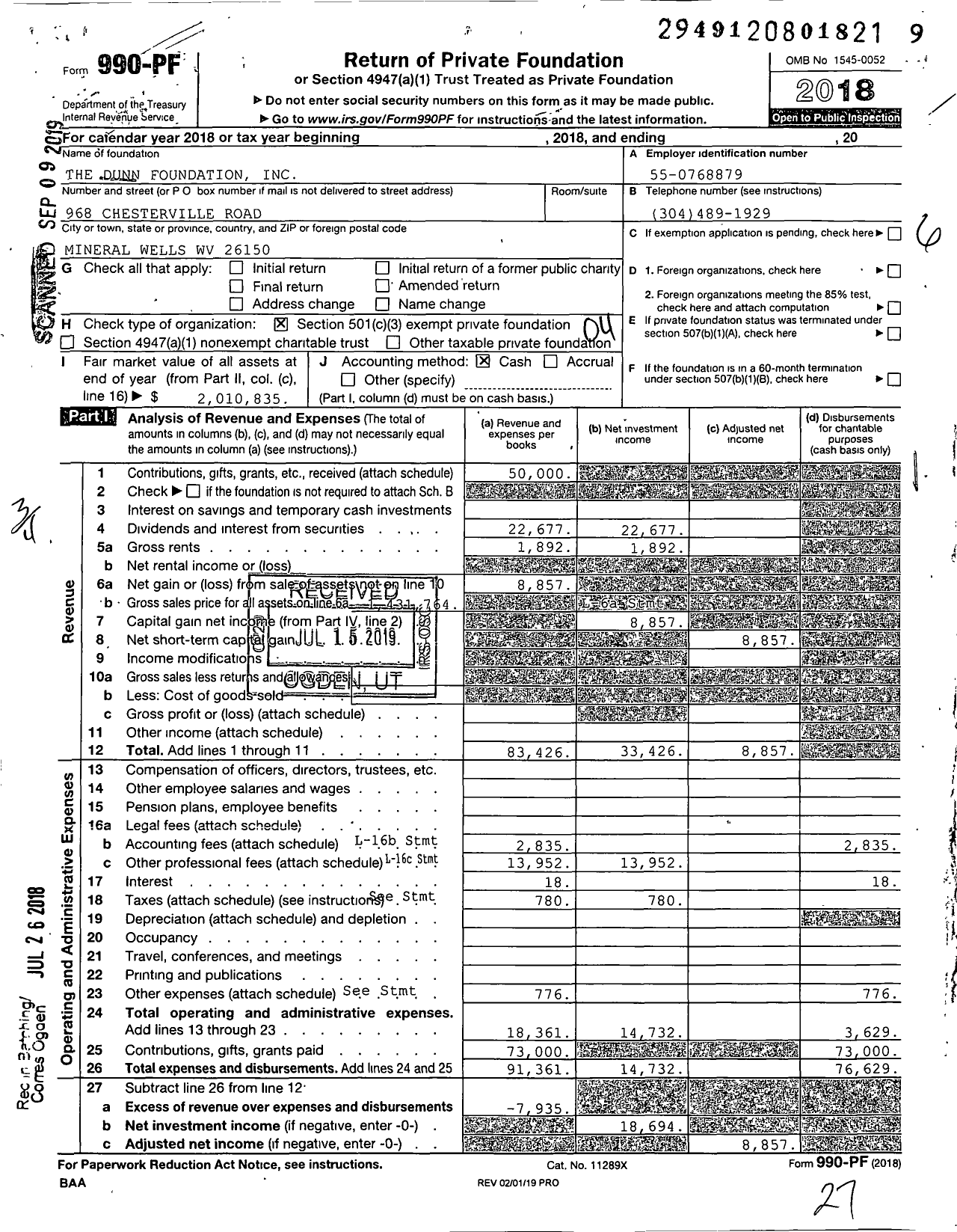 Image of first page of 2018 Form 990PF for The Dunn Foundation