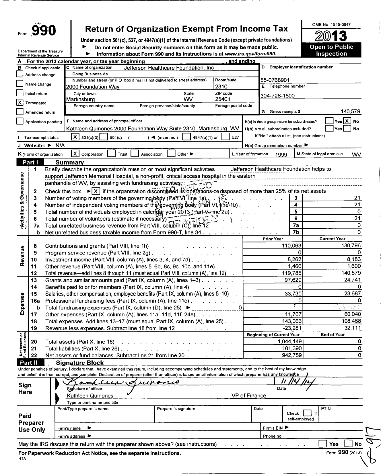 Image of first page of 2013 Form 990 for Jefferson Healthcare Foundation