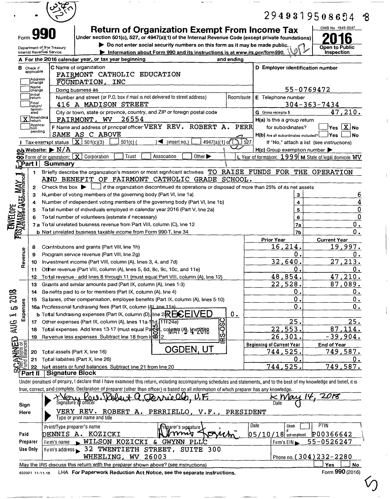 Image of first page of 2016 Form 990 for Fairmont Catholic Education Foundation